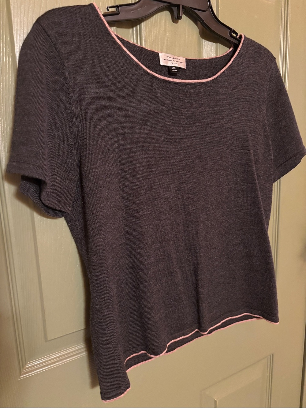 Tahari Charcoal Short Sleeve Knit Top with Pink Trim